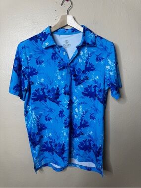 Scales Polo Shirt  Men’s Small Blue Tropical Coral Print Golf Performance